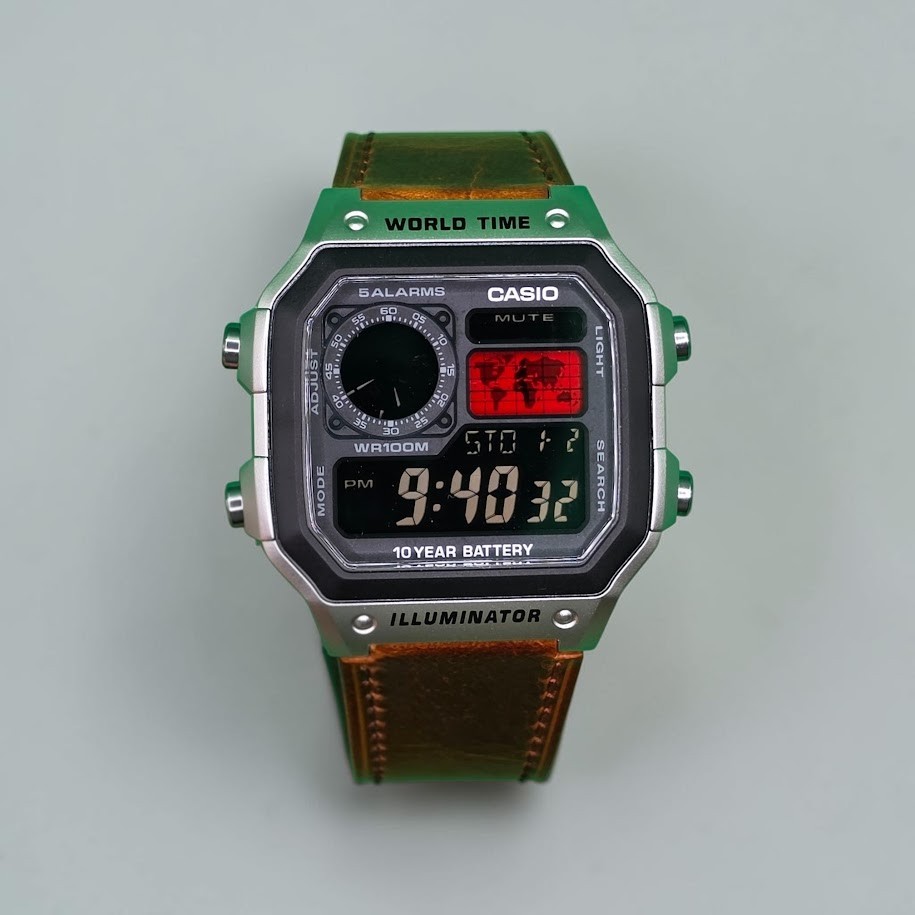 CASIO AE-1200WHD. Royale Watch Mod. Leather Band Negative Display. RED World Map