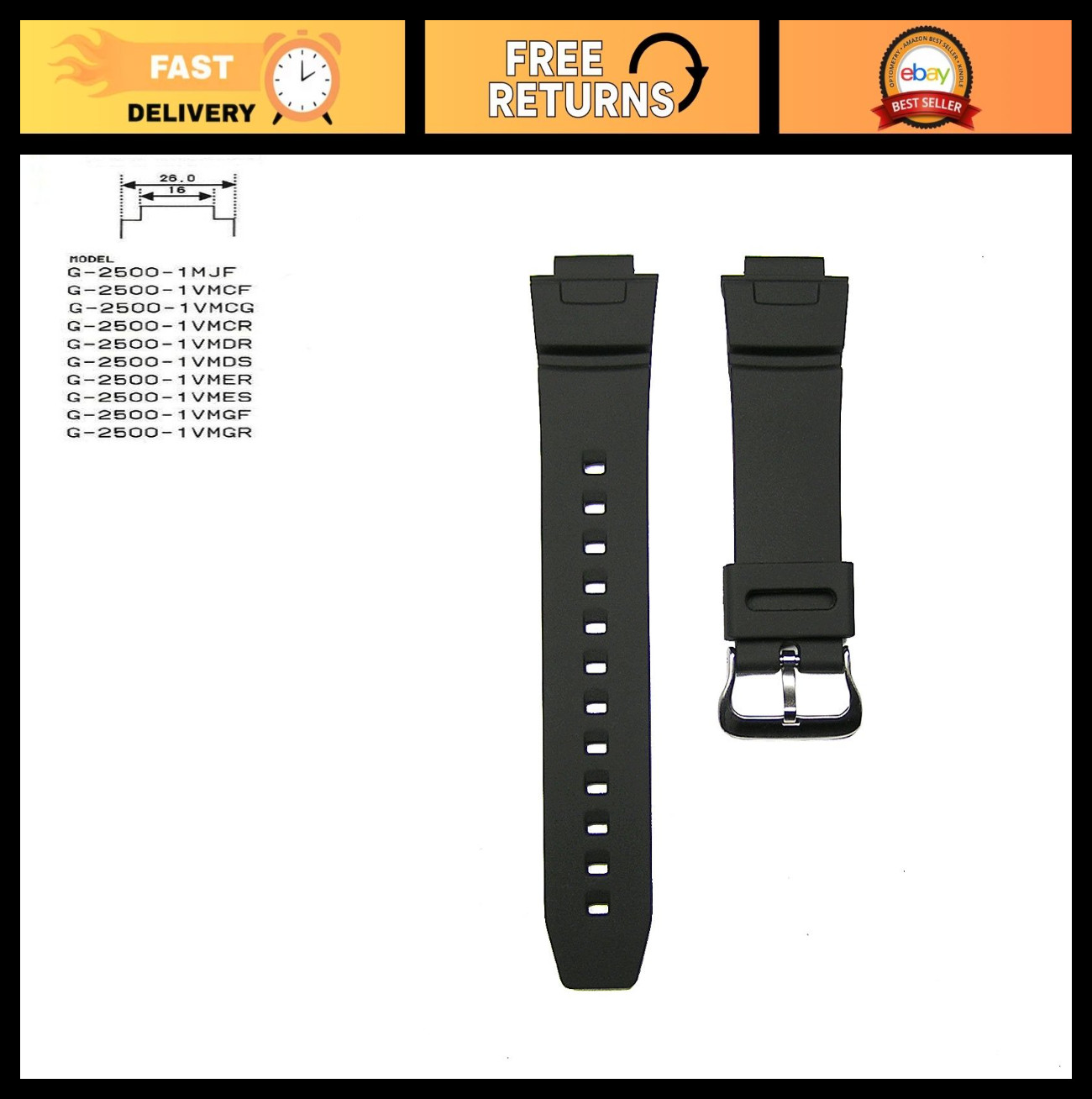 16mm Black Replacement Watch Band Strap for Casio G-Shock DW-9052, G2500 & More
