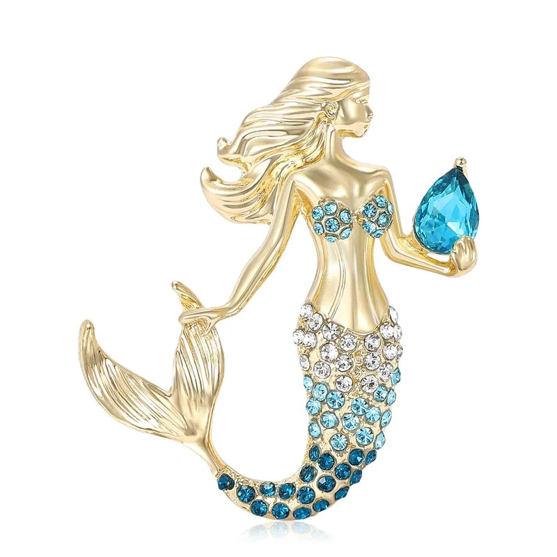 Gold-Tone Mermaid Brooch with Blue Gem – Rhinestone Tail & Top – Ocean Fantasy