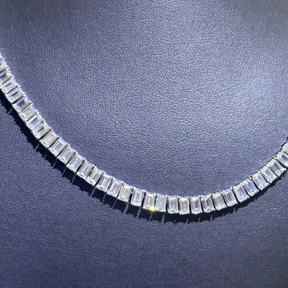 35CTW Created Emerald Cut Diamond Womens Tennis Necklace 14K White Gold Plated