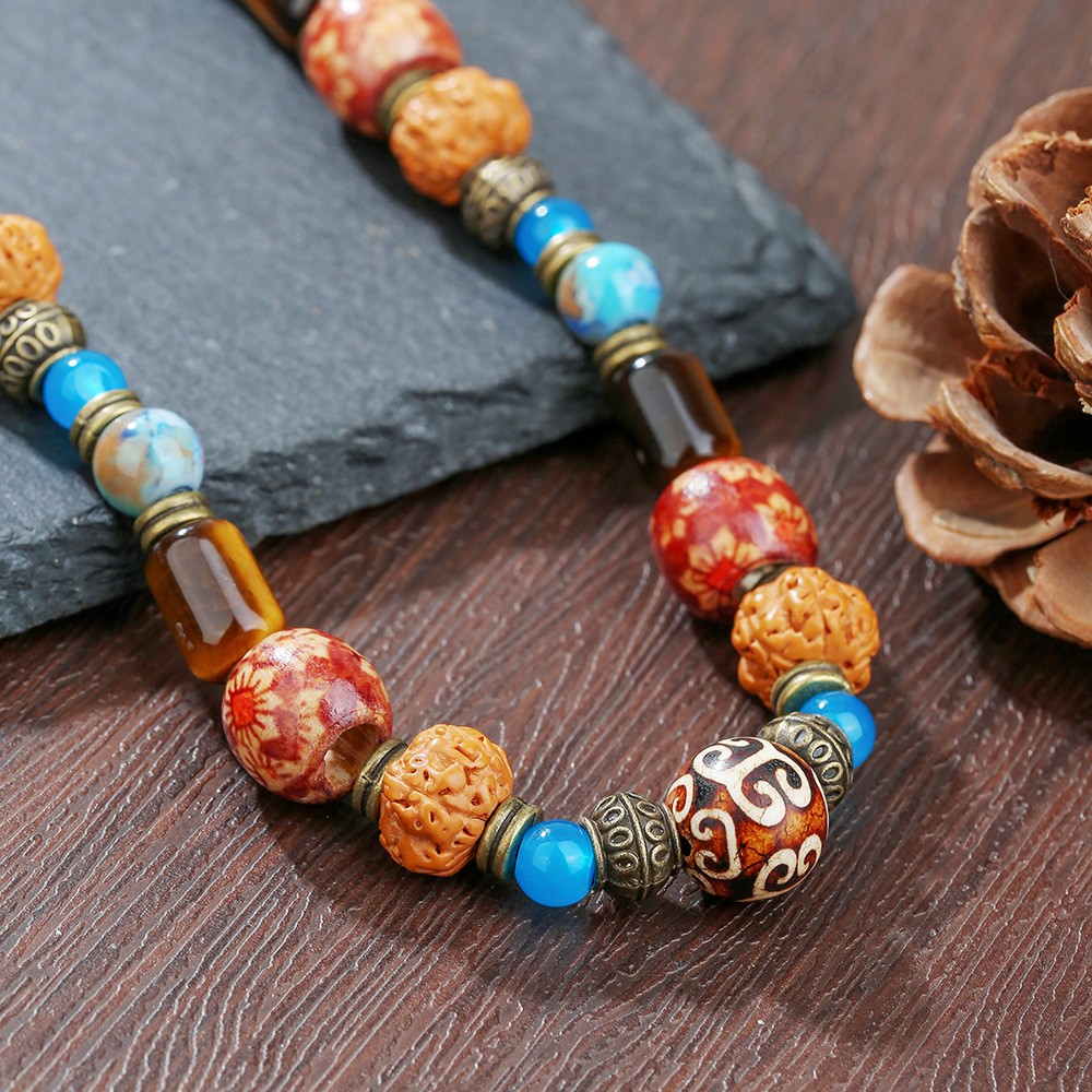 Mens Tigers Eye Multi Stone Walnut Bead Necklace Boho Statement Necklace Choker