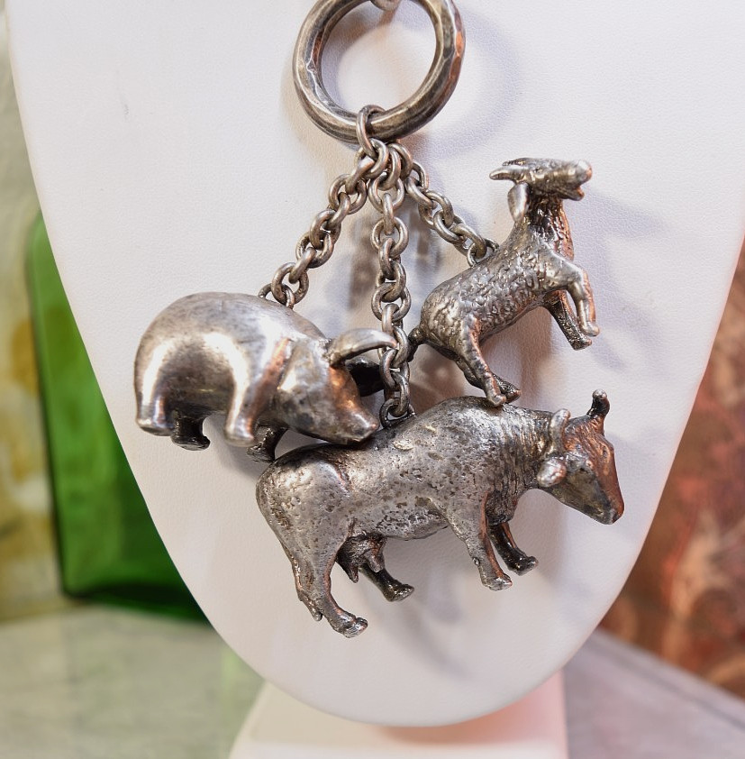 Susan Cummings Sterling Farm Animal Big Charm Pendant Necklace Cow Pig Goat 30″