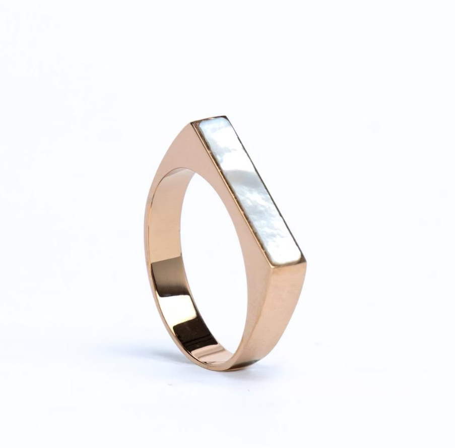 Handmade Gold Plated Pearl Inlay Ring Birthday Gift For Boys 925 Silver Jewelry