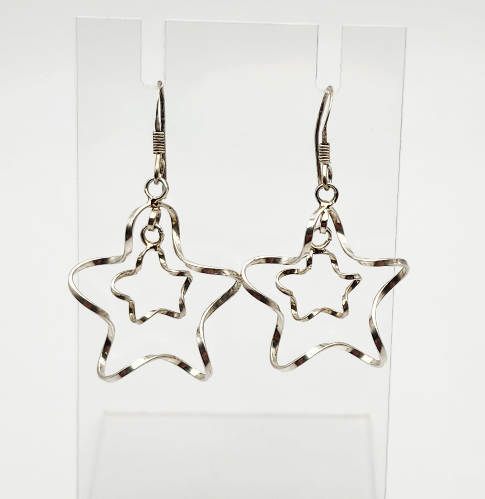 Vintage Sterling Silver Twisted Double Star Dangle Earrings