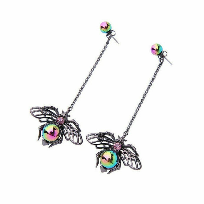 US Seller Betsey Johnson Crystal Black Pearl Bee Insect Long Dangle Earrings