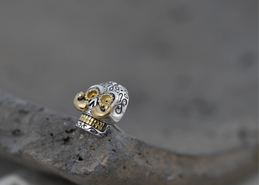 Sterling Silver Sugar Skull Earrings Copper Mustache Studs Day of Dead Jewelry