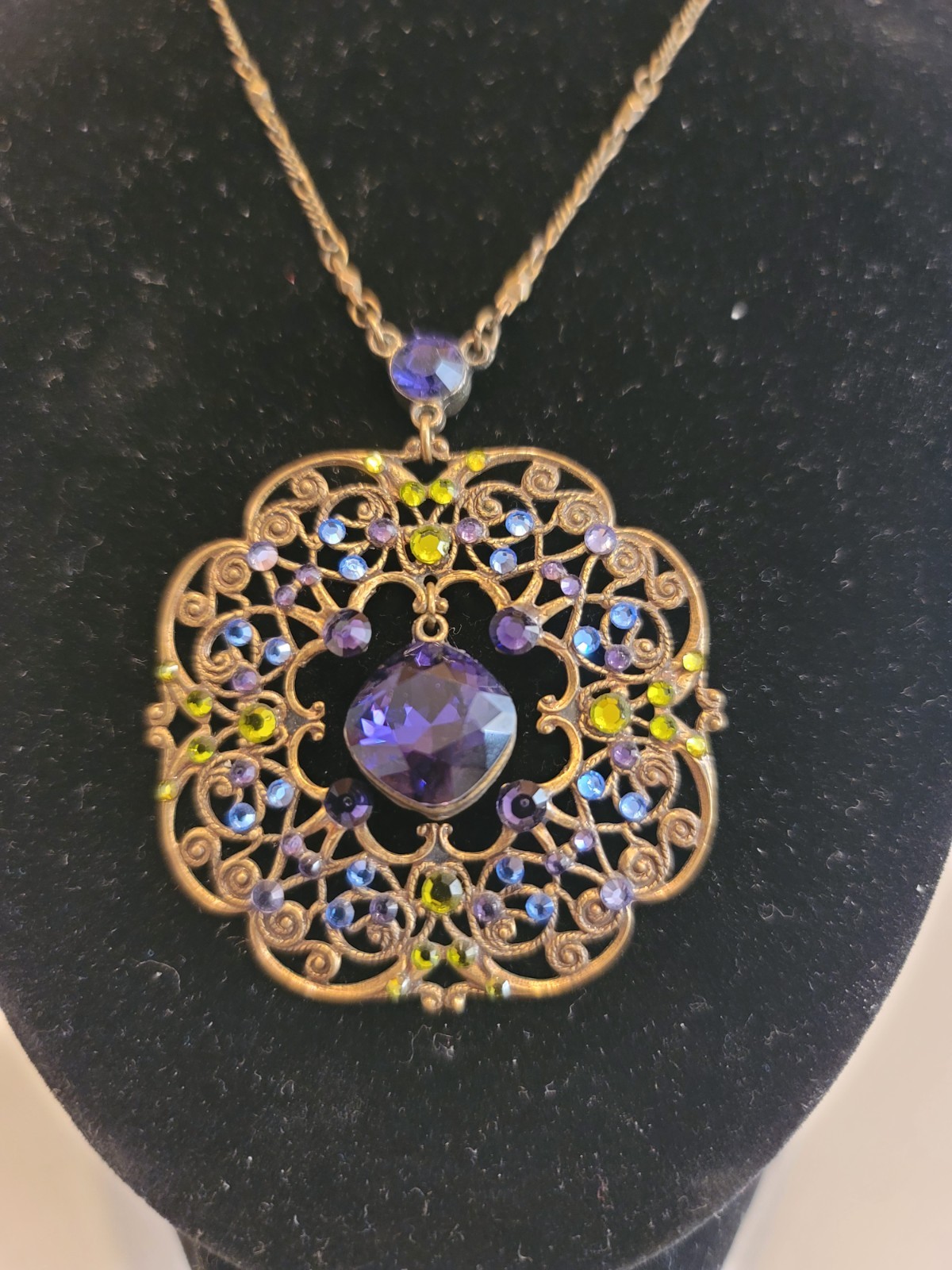 Anne Koplik Crystal Filigree Pendant Necklace Purple Blue Green Edwardian Style