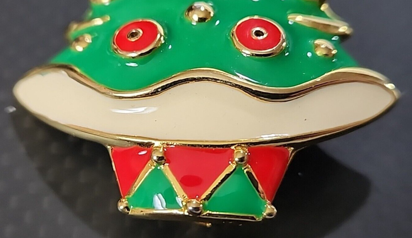 Brooch Christmas Tree Green Gold White Red Holiday Enamel or Metal Pin 2 1/2″
