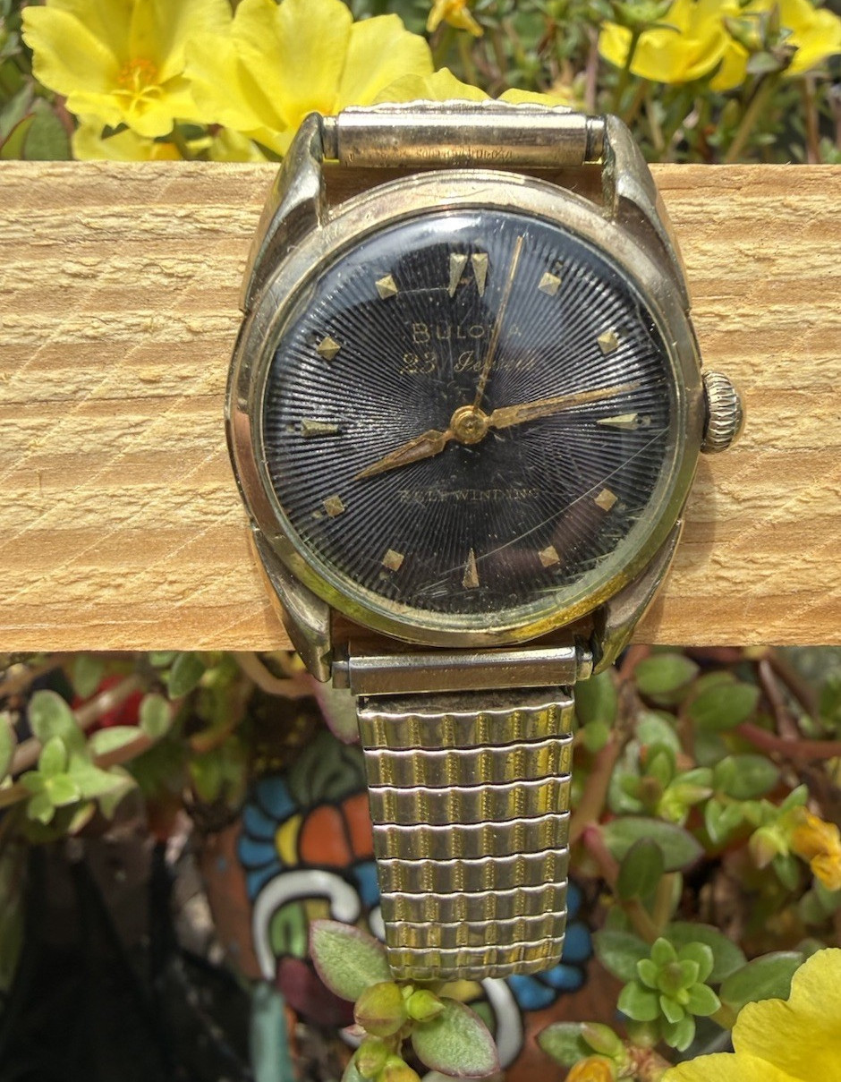Bulova 23 Jewel Automatic Self-Winding Vintage 1950s Black Sunburst Dial