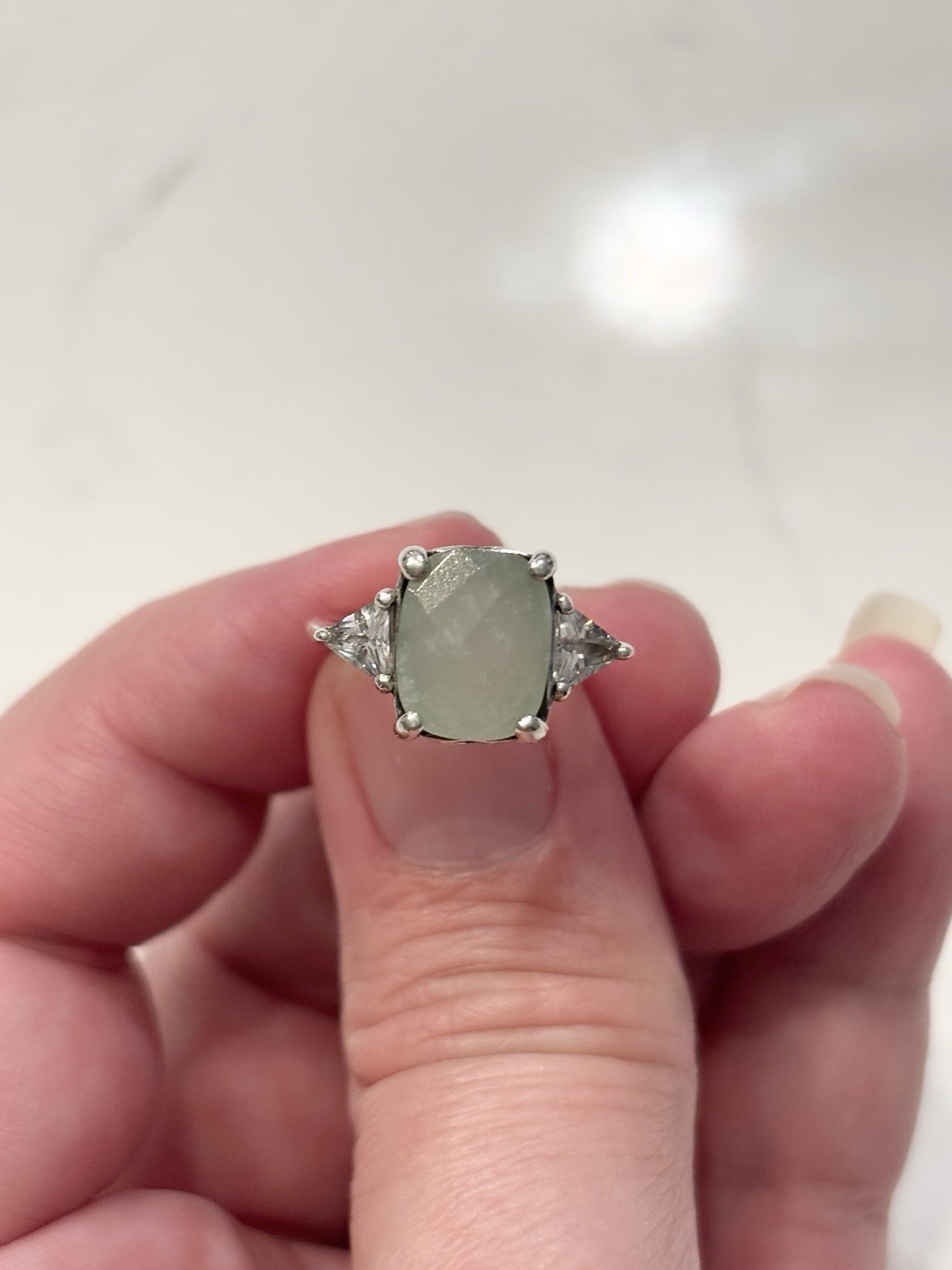RJ Graziano Jadeite Cushion Cut & CZ Sterling Silver 925 Cocktail Ring Size 5