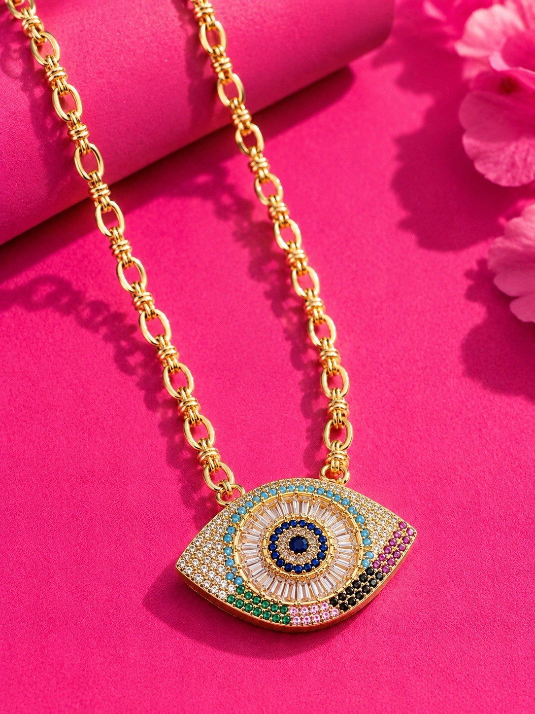 Gold Tone Multicolor Evil Eye Crystal Pendant Necklace Adjustable Chain Gift