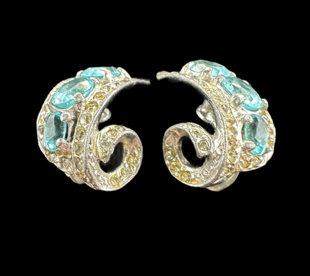 Vtg 40s Art Deco Style CASTLECLIFF AQUA BLUE & Clear Rhinestone Clip Earrings