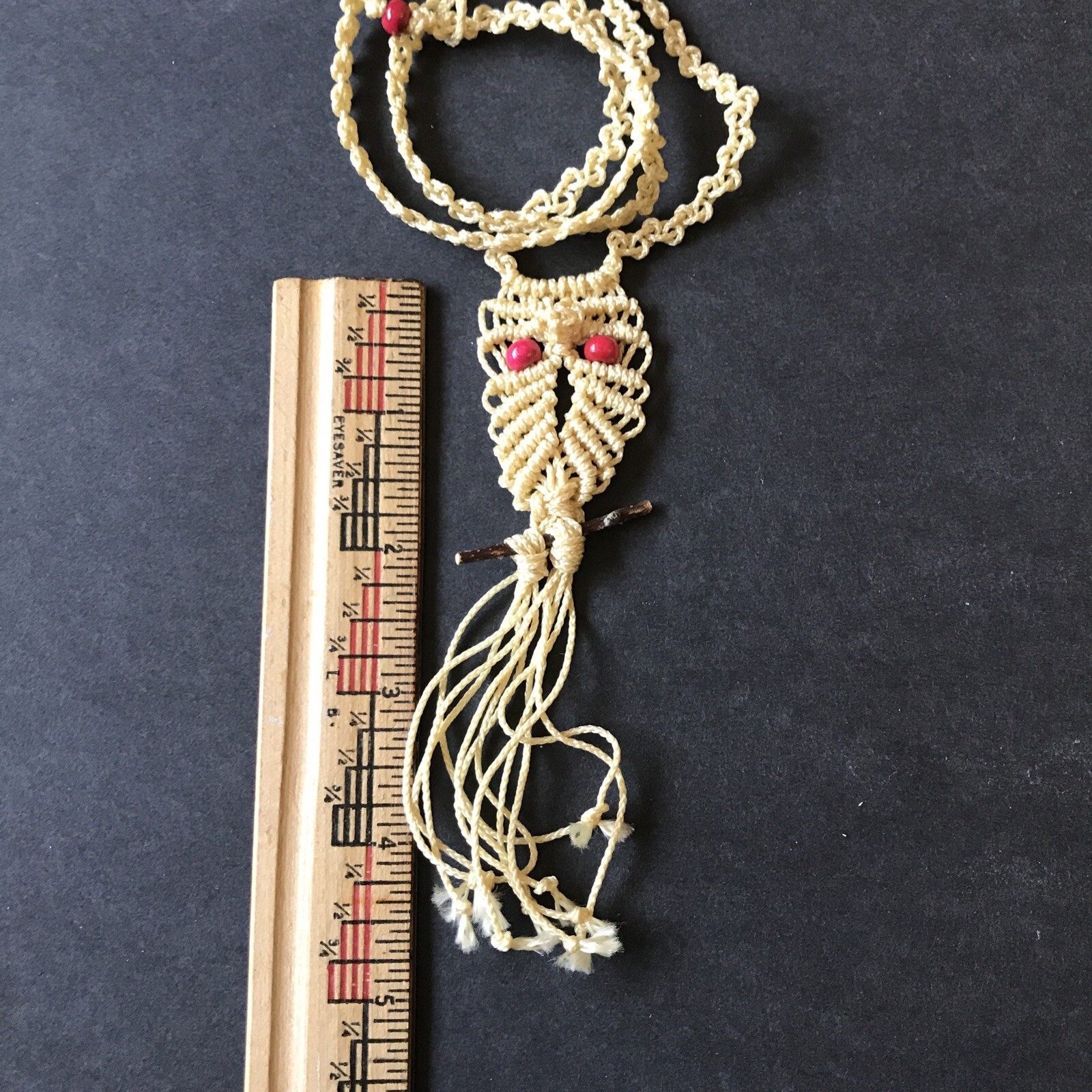 Vintage Macrame Owl Necklace Red Wood Bead Eyes Twig Branch Perch Handmade New
