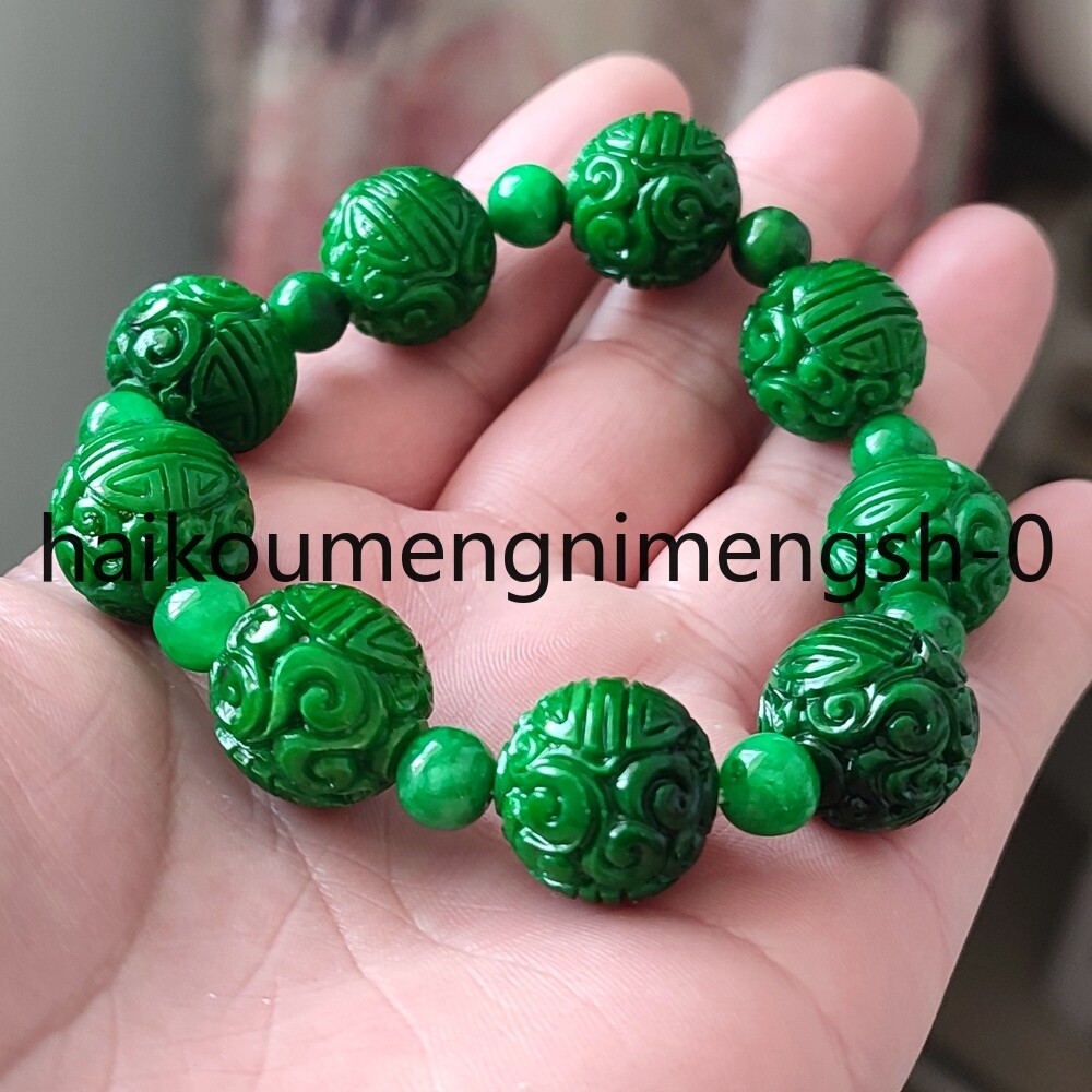 16mm Natural Green Burma Jade jadeite Carved RUYI Round Beads Bracelet 7.5″