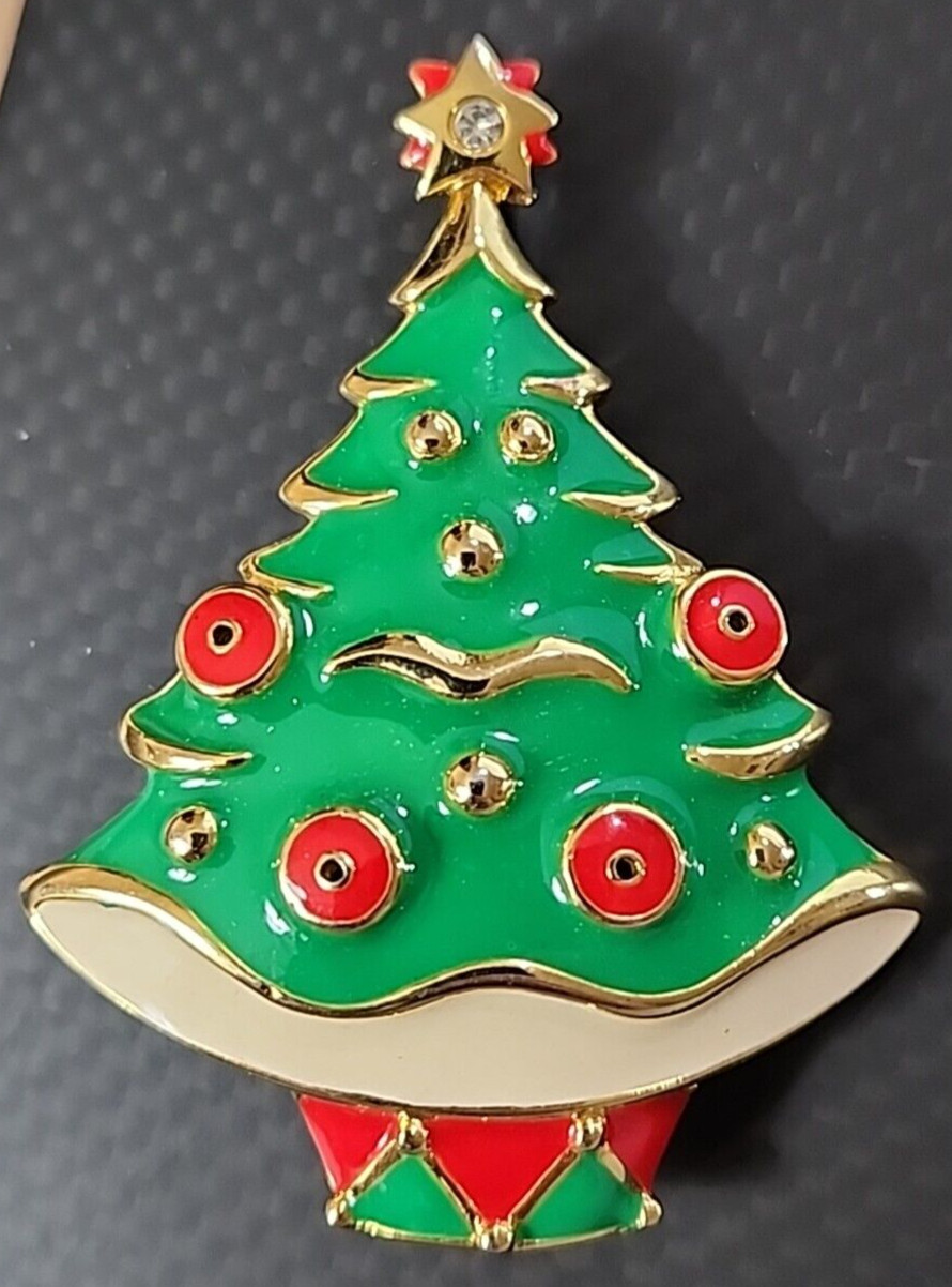 Brooch Christmas Tree Green Gold White Red Holiday Enamel or Metal Pin 2 1/2″