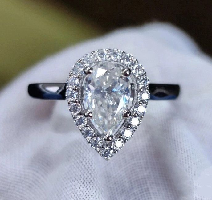 Halo Engagement Ring 2.60 Ct Pear & Round Moissanite 14K White Gold Plated