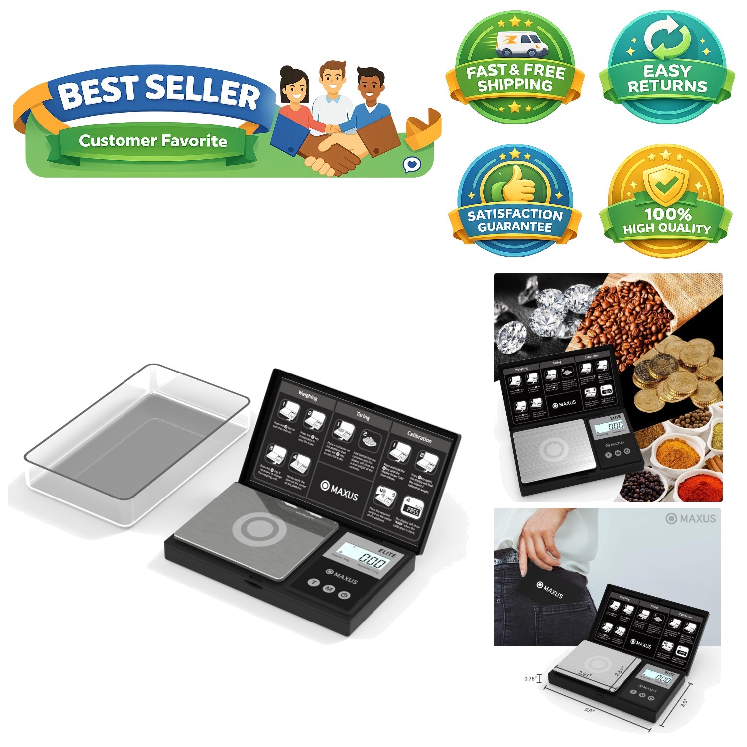Compact 500g x 0.01g Digital Gram Scale with Tare Function and Backlit LCD