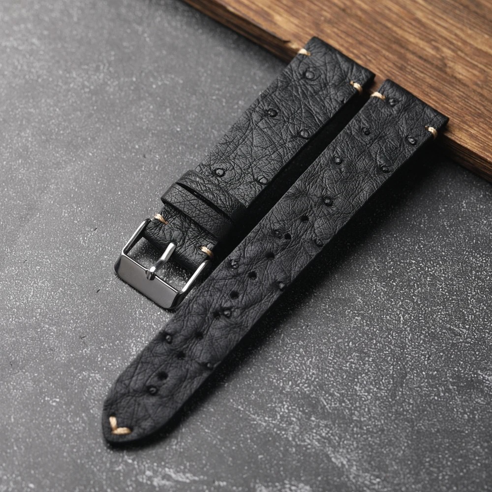 Handmade Ultra-Thin Ostrich Leather Watch Band 18-22mm Black Men’s Vintage Soft