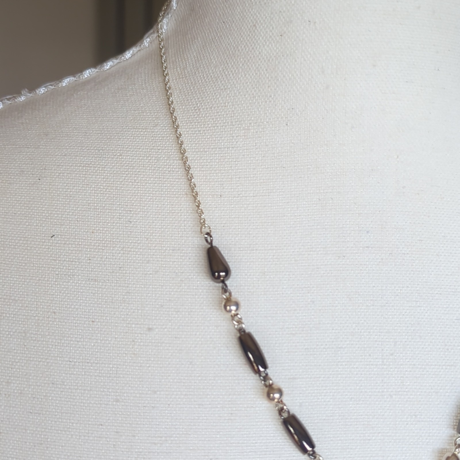 Signed Premier Design Silver Tone Necklace Black Beads Y-Drop Teardrop Pendant
