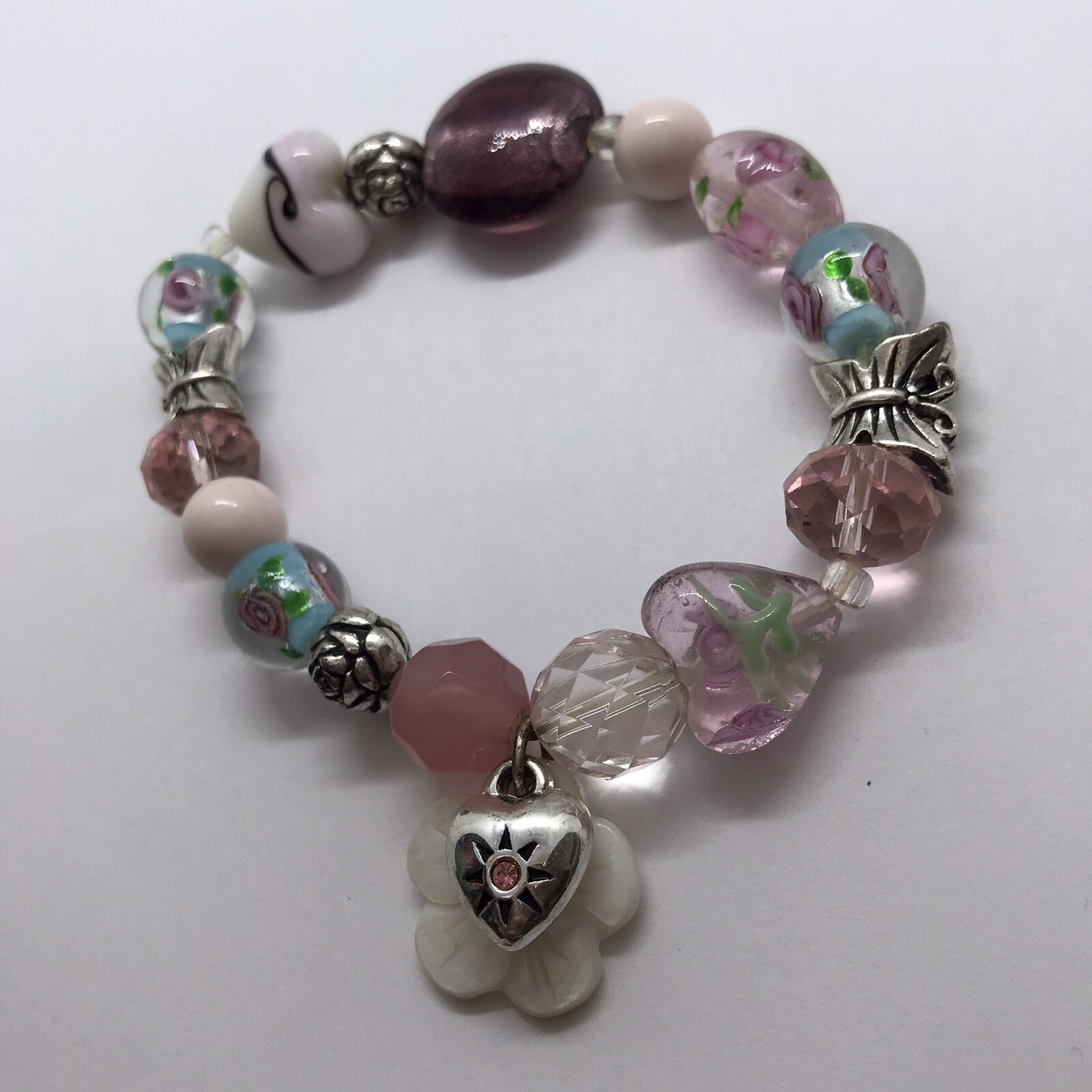 Vintage Art Glass Beaded Stretch Bracelet Lampwork Floral Heart Pink Barbiecore