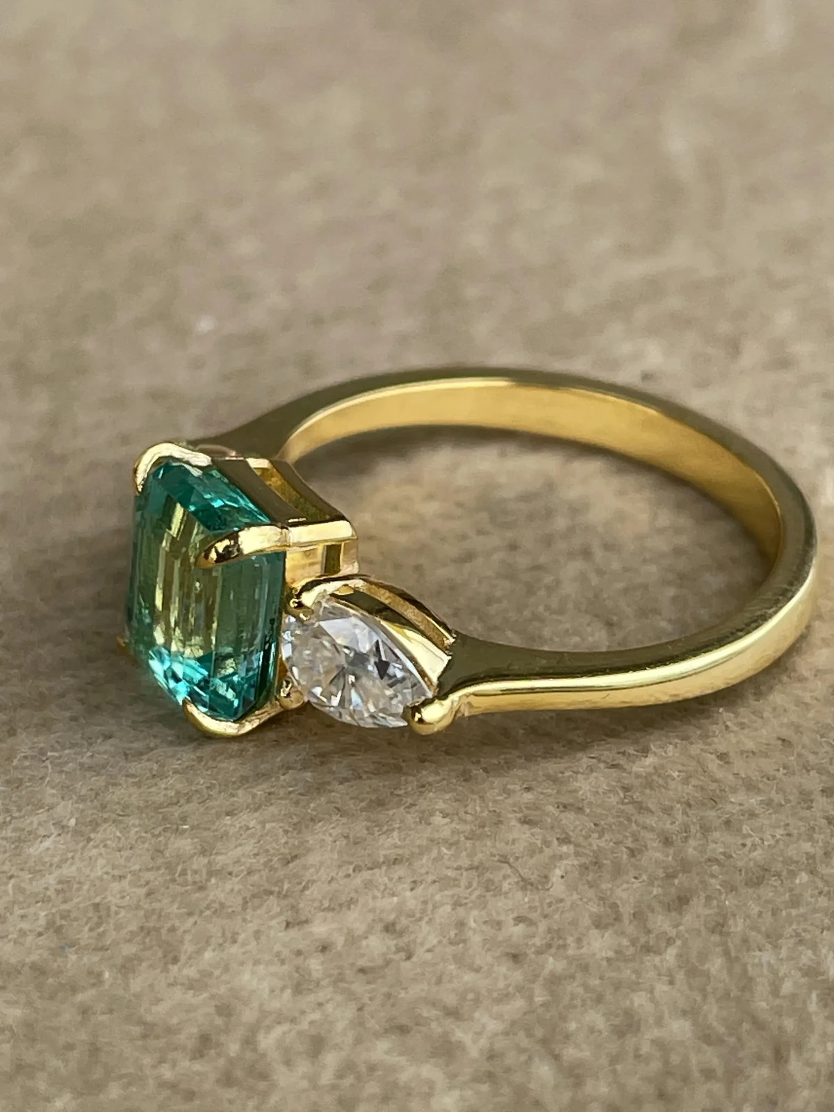 Natural Emerald Three Stone Ring Pear Moissanite 925 Silver Ring