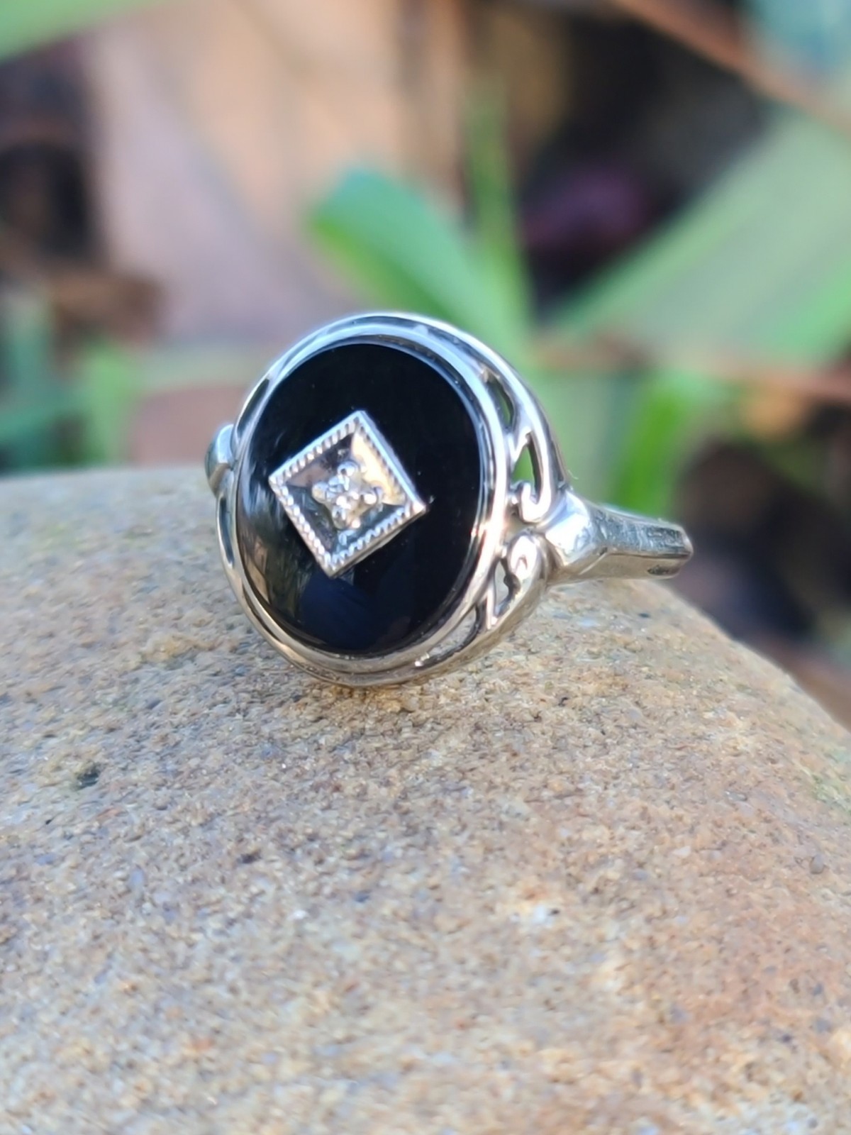 VTG 10k Solid White Gold Diamond Black Onyx Art Deco Ring 4.75sz Signed 3.29gr