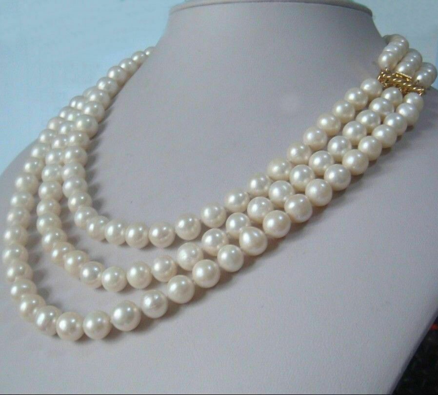 3 row strands natural 9-10mm akoya white pearl necklace 18″20″22″ 14K gold clasp
