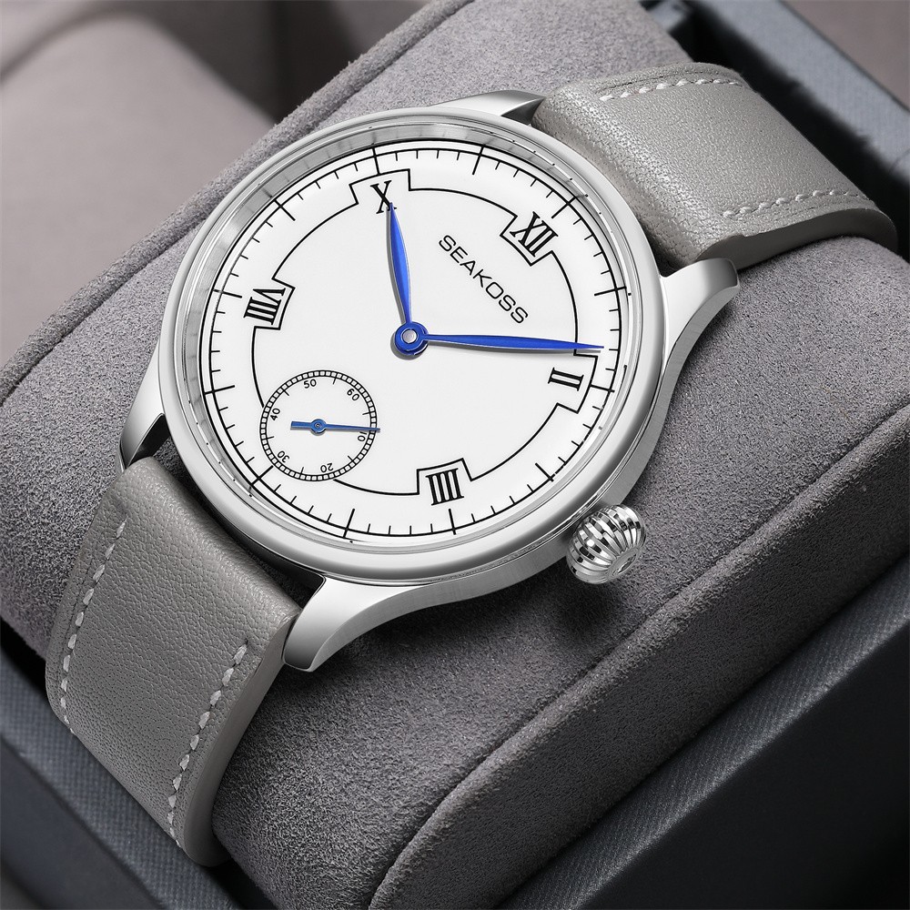 SEAKOSS Manual Wind Mechanical Watch White Roman Dial Blued Hands Small Second