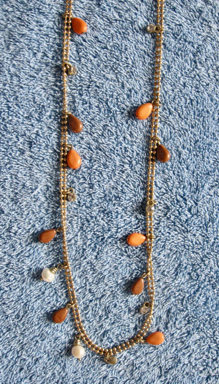 “T” Logo FLOATING 3 STRAND Orange Turquoise Beaded Necklace; Chain; Cord Lobster
