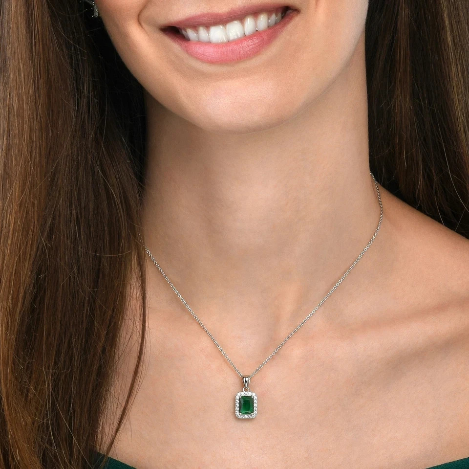 Sterling Silver Emerald Green Halo Pendant Necklace for Women
