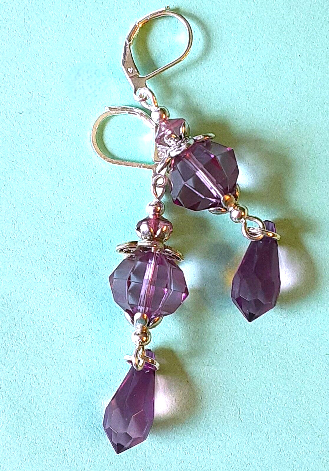 PLUM ACRYLIC CRYSTAL lightweight DANGLE earrings SP LEVER BACK artisan XX