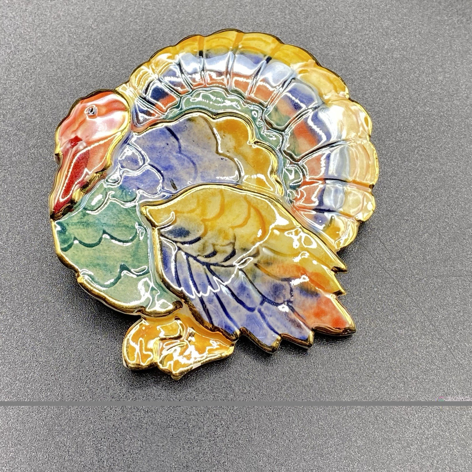 Large Handmade Thanksgiving Enamel Ceramic Turkey Brooch