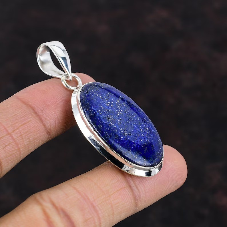 Natural Lapis Lazuli Oval Gemstone Pendant 925 Sterling Silver Handmade Jewelry