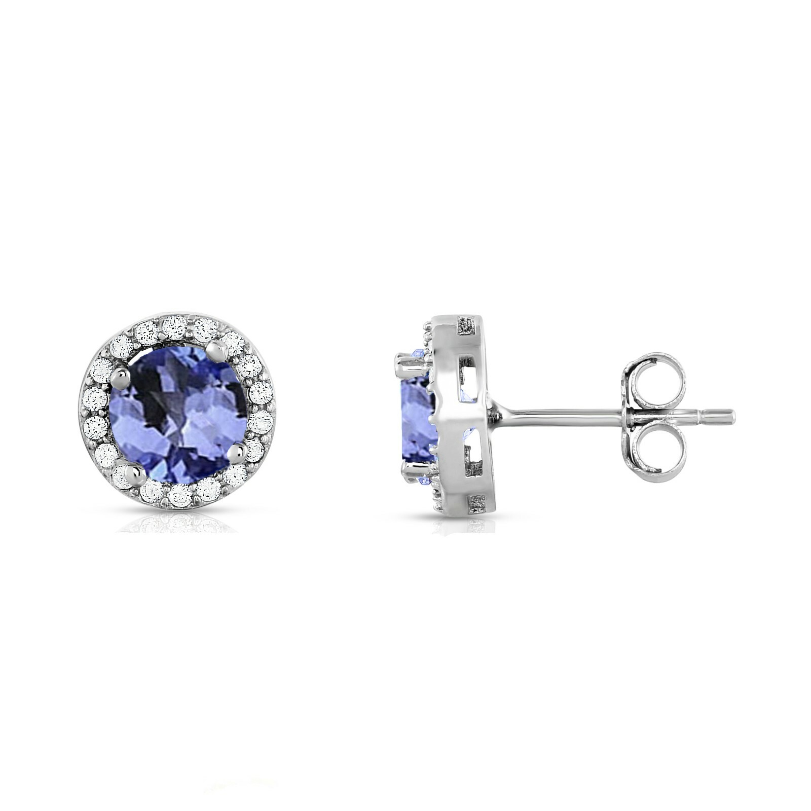Tanzanite and White Topaz Halo Stud Earrings 925 Stamped Sterling Silver