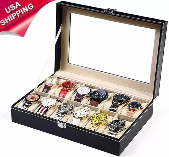 12 Slots PU Leather Wrist Watch Display Box Storage Holder Organizer Case —