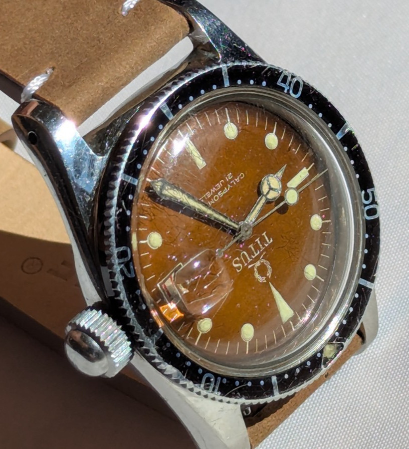 Vintage Titus Calypsomatic 7085 RARE Brown Dial Big Crown Model Caliber ETA 2472