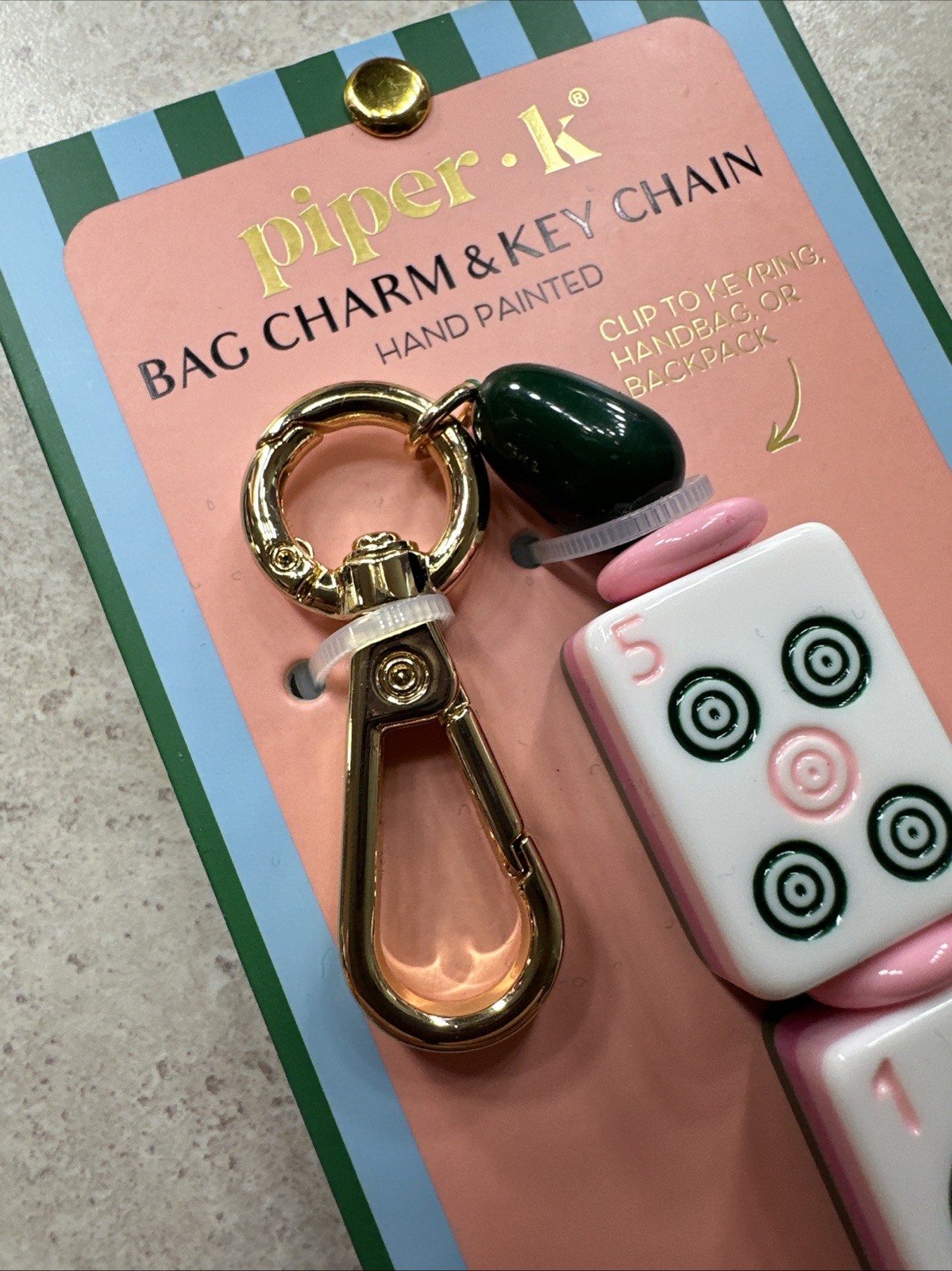 Piper K whimsical pink green mahjong game tile motif keychain bag charm