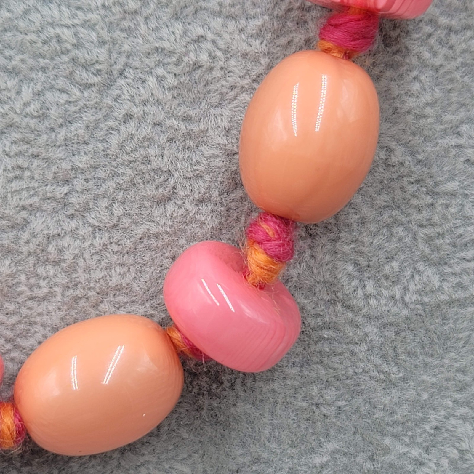 Artisan Peach Pink Cane Glass Bead Necklace Hand Knotted Yarn Cord 24 in