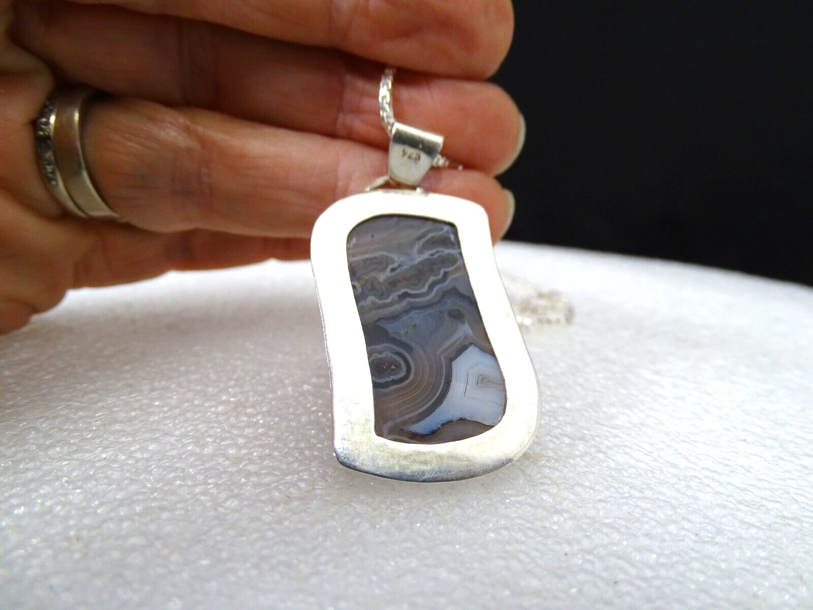 BEAUTIFUL FREEFORM HANDMADE TUBE AGATE PENDANT BEZEL SET IN STERLING SILVER .