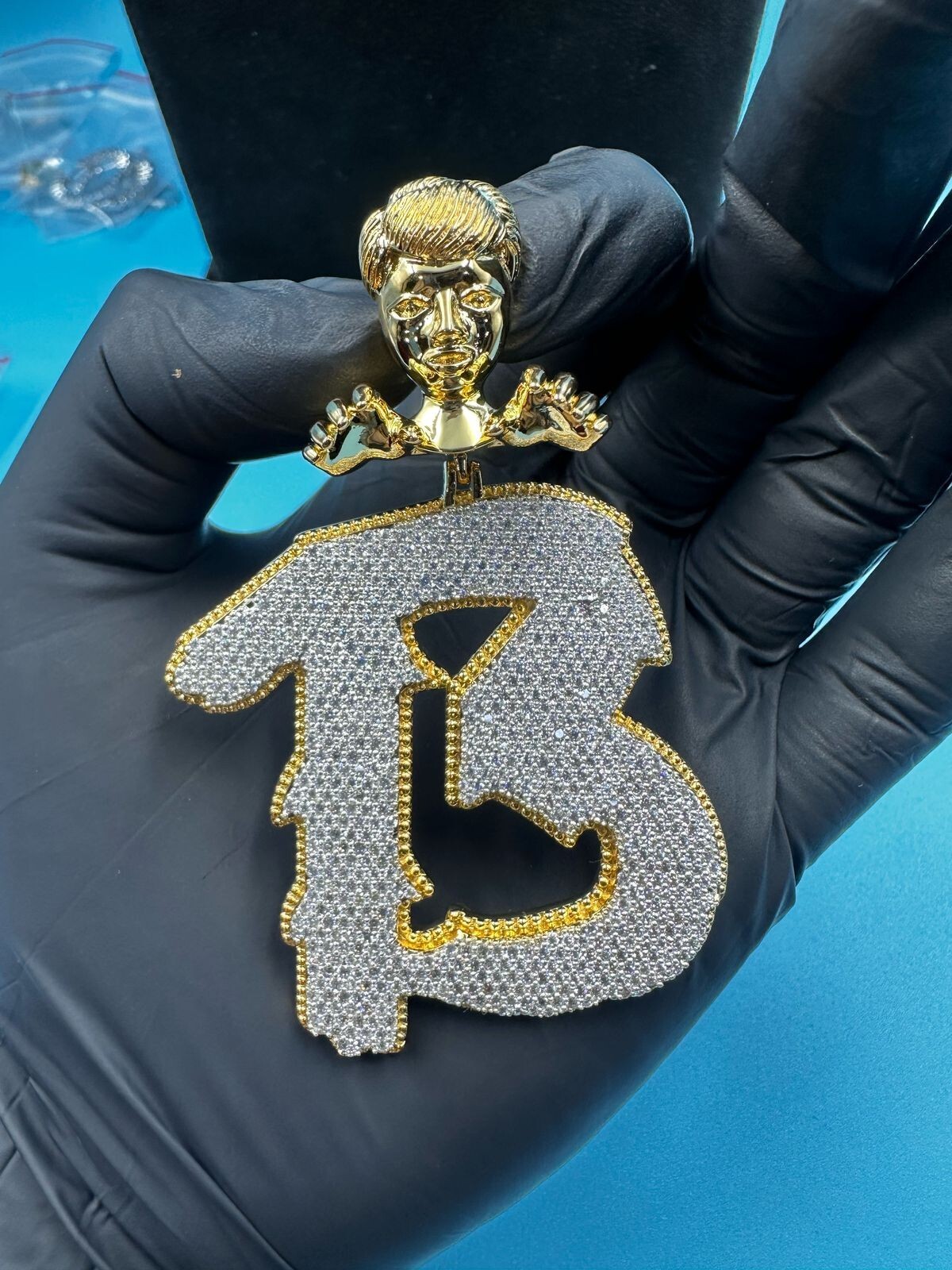 3Ct Round Cut Moissanite Men’s Custom “B” Letter Pendant 14K Yellow Gold Plated