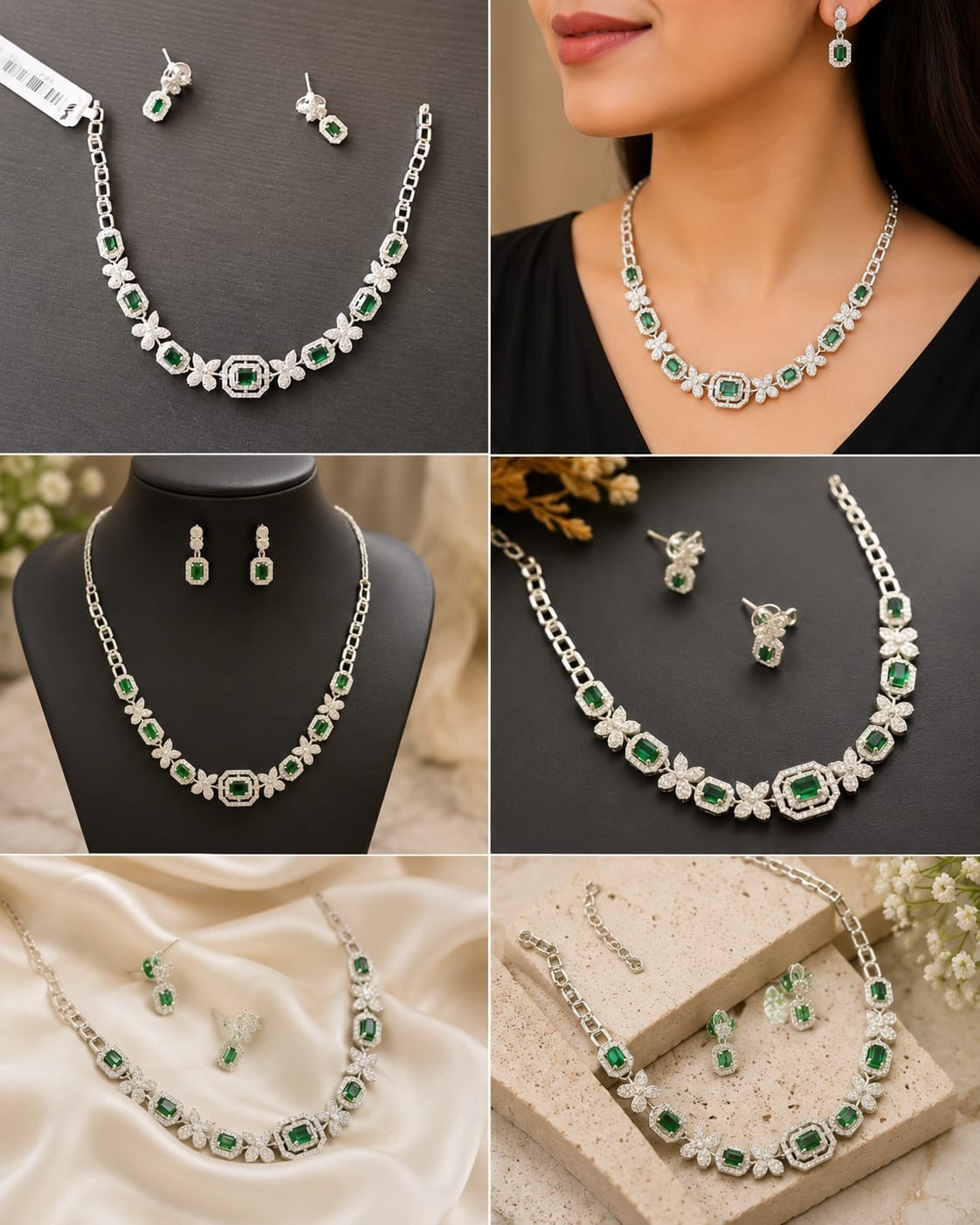 Emerald Green CZ Necklace Set for Women Silver Tone Statement Jewelry Earrings