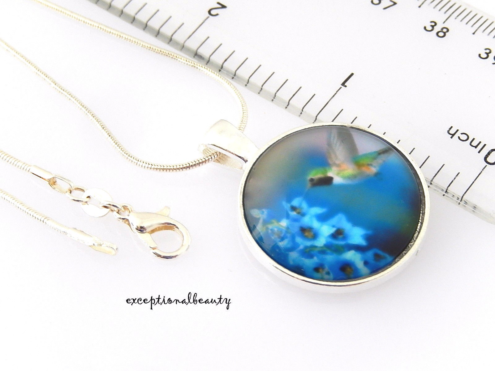 Hummingbird Blossoms Blue Domed Cabochon Glass 20″ Sterling Silver Necklace