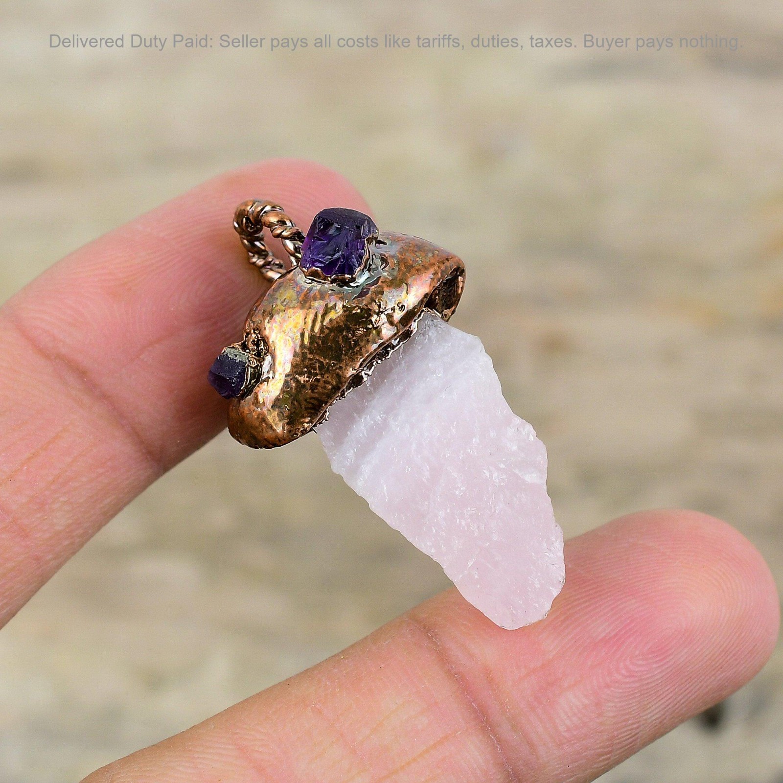 Copper Pentagon Rose Quartz Rough Gemstone Sister Birthday Electroformed Pendant