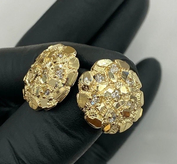 0.30cts Real Moissanite Mens Large Nugget Stud Earring Yellow Gold Plated Silver