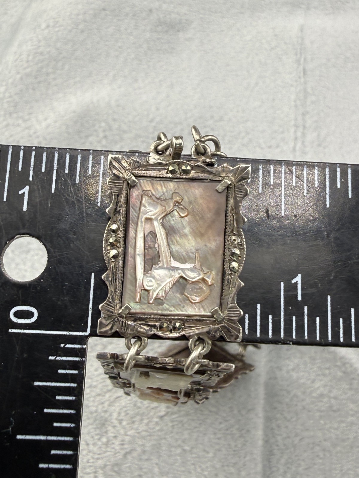 Vintage 800 Silver Carved Mother Of Pearl Bracelet Storyteller Roman Gods READ