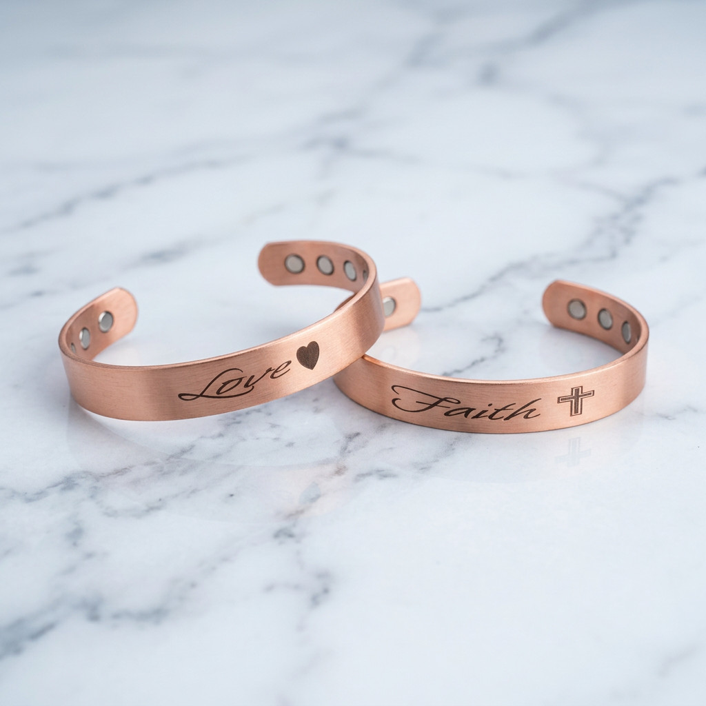 2 Pack Pure Copper Magnetic Bracelet Solid Copper Cuff FAITH CROSS LOVE HEART