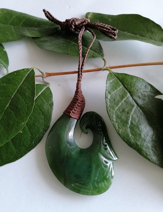 New Zealand Jade Greenstone Bound Fish Hook X Large pendant 70mm L x 45mm W