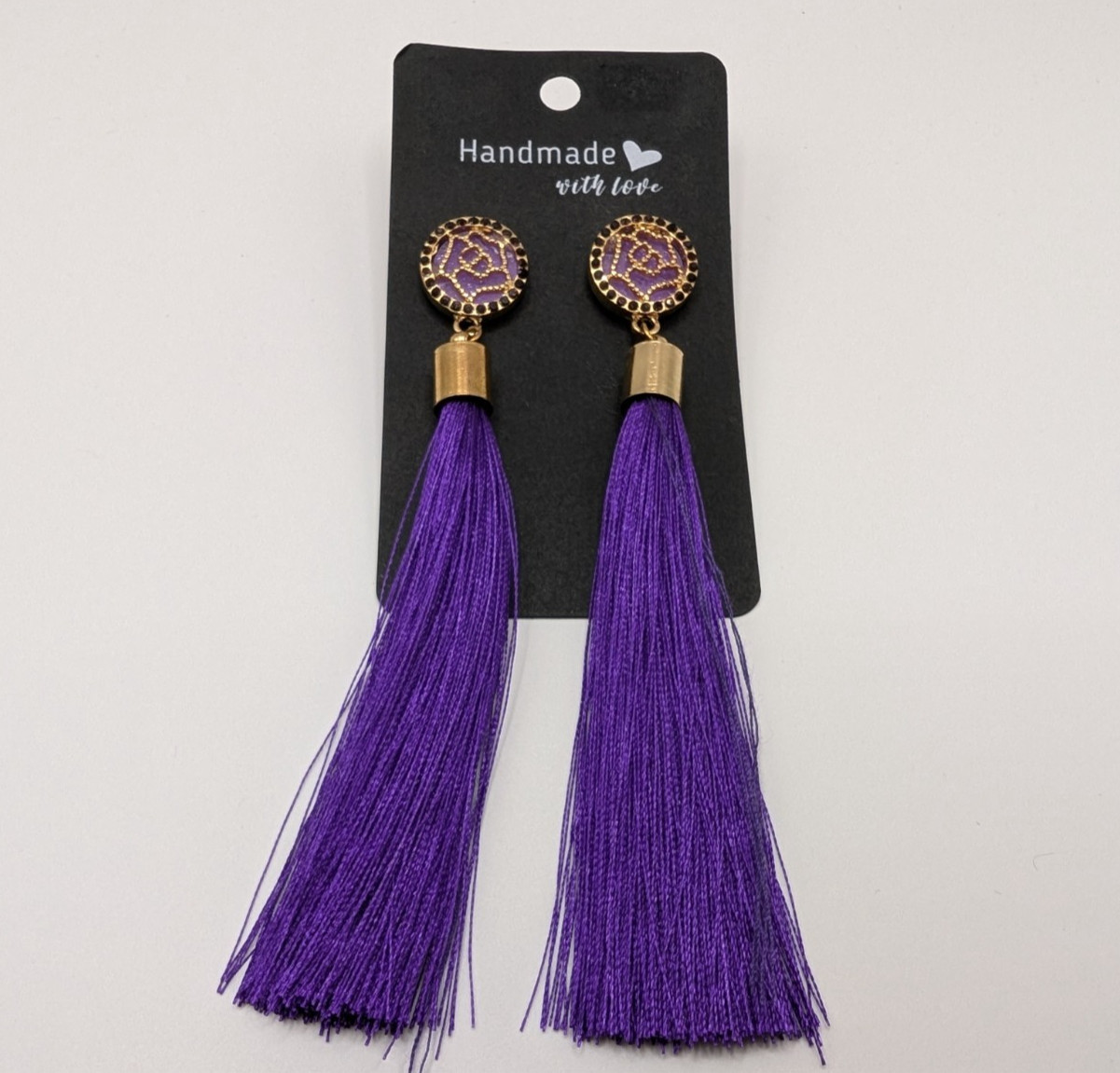 Handmade Purple Tassel Fringe Earrings Embellished Top Post 4.5″ NEW