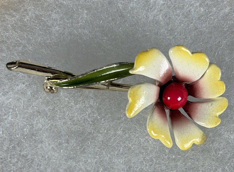 Vintage Enamel Yellow Red Green Flower Brooch Unsigned