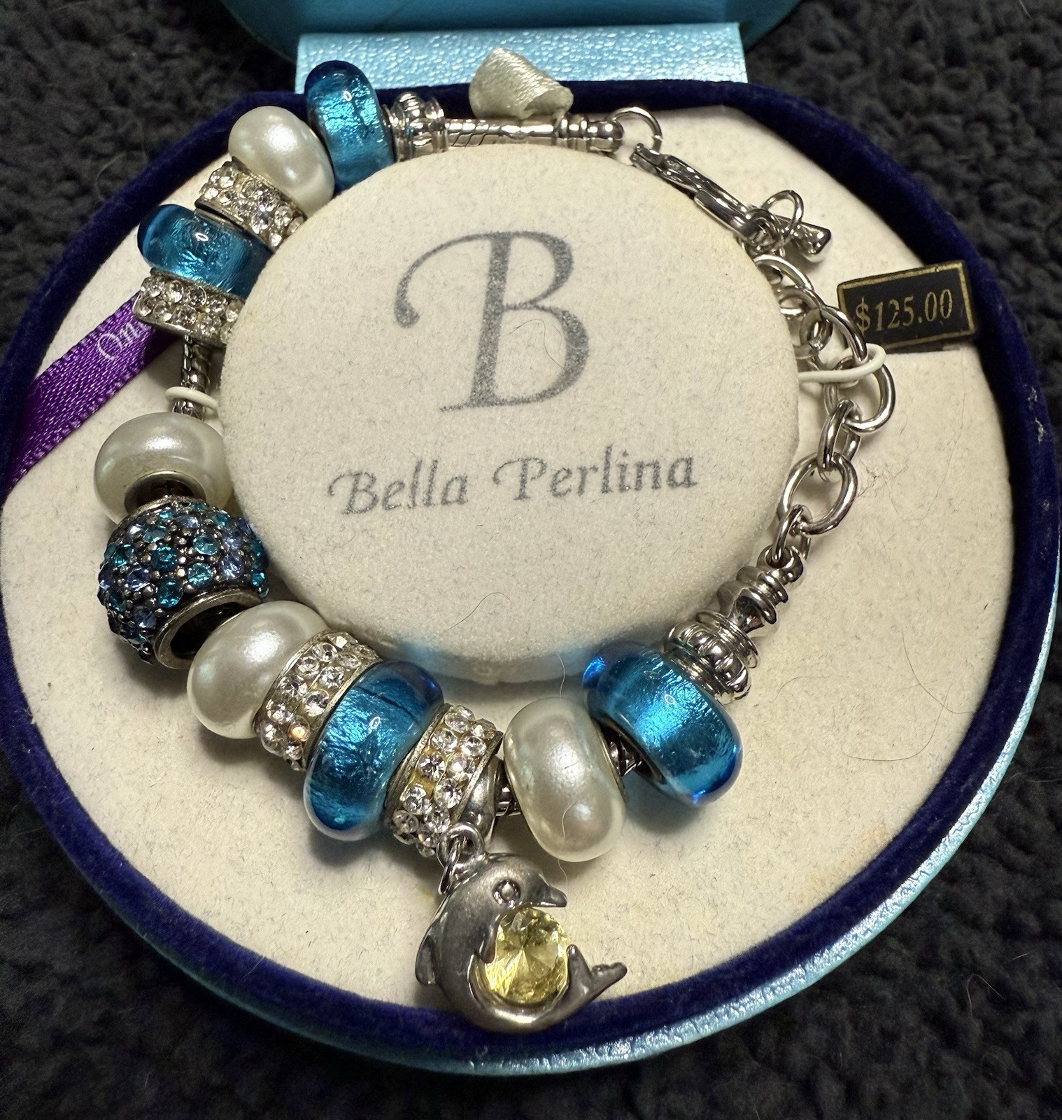 Bella Perlina Charm Bracelet with Aqua & White Beads with Silver Rhinestones